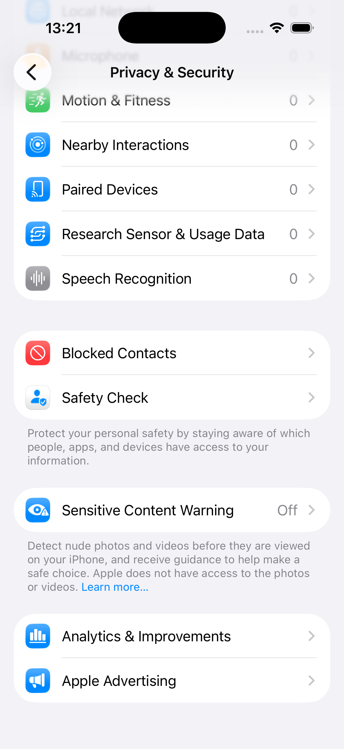 Sensitive Content Warning row